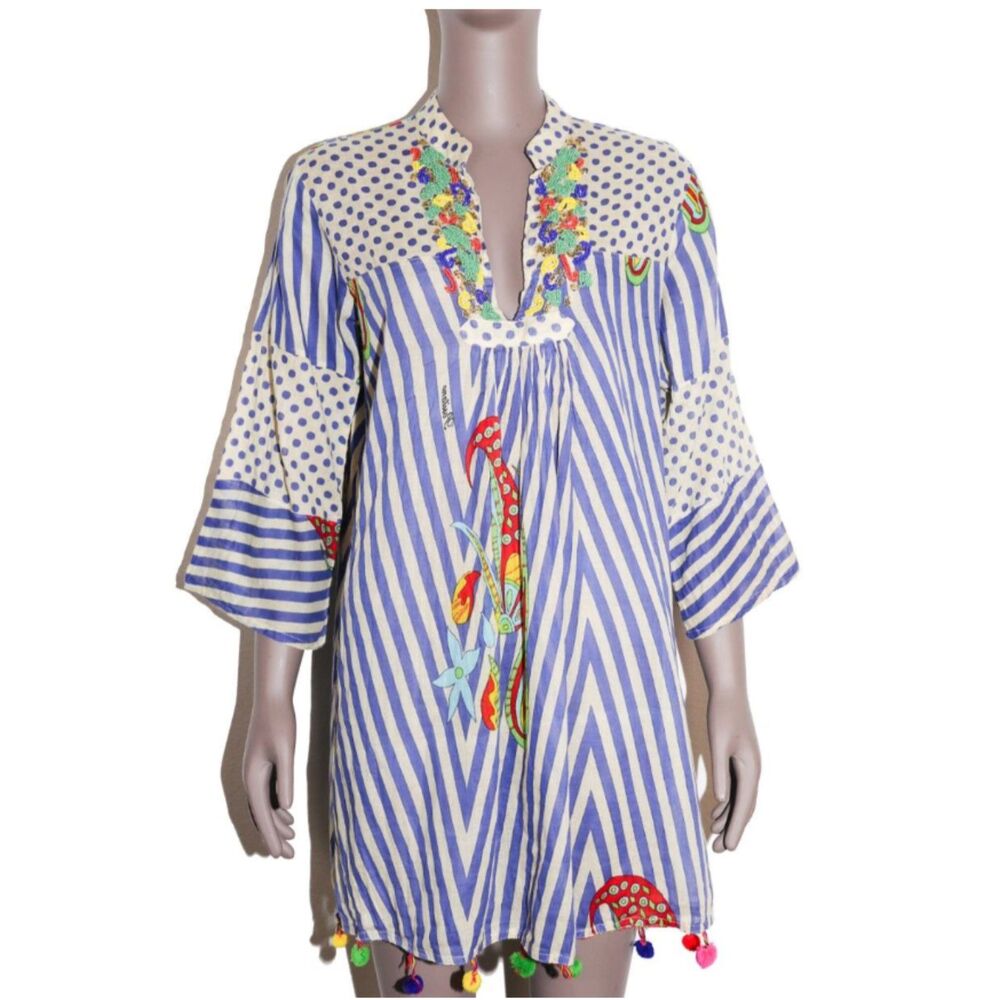 Cotton Tunic Dress Large Embroidered‎ Boho Beach Coverup Pom Pom Resort Vacation